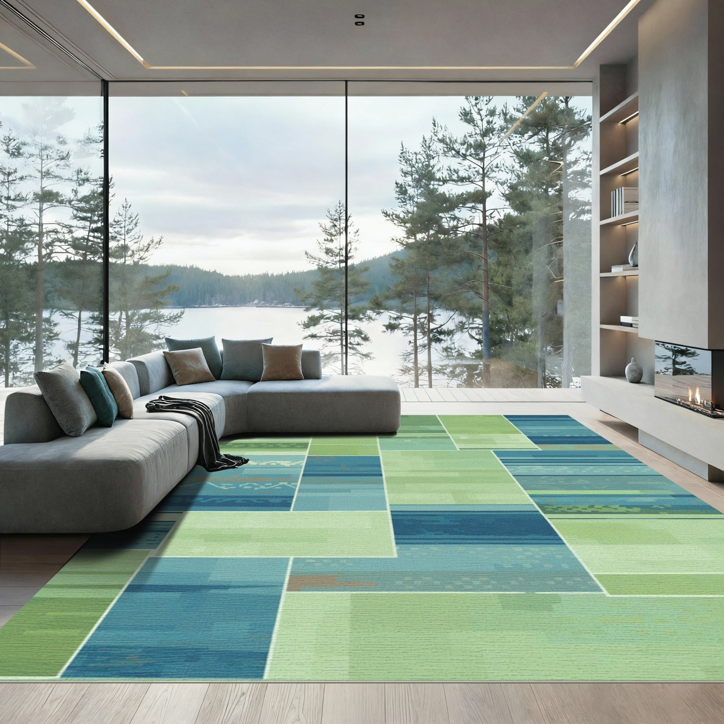 Plaid Teal Green Abstract Patchwork Rug
