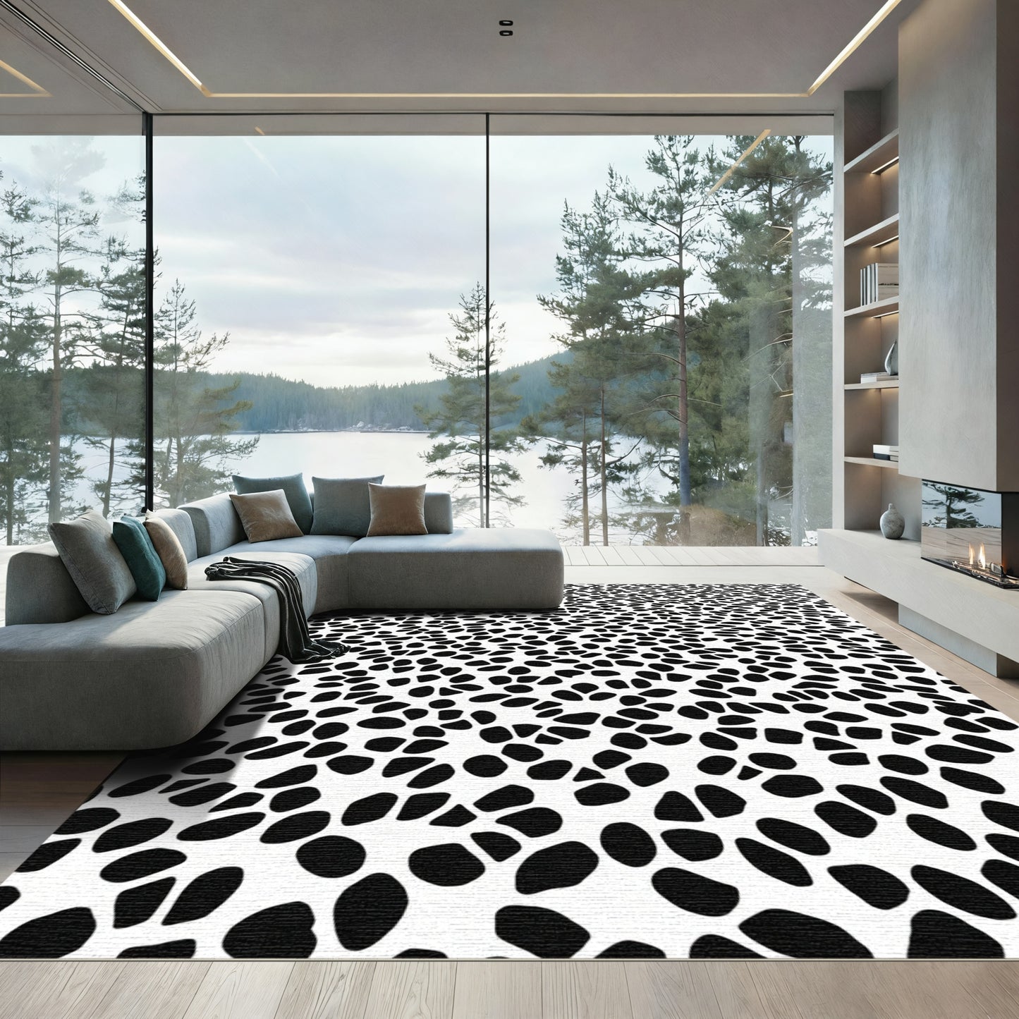 Abstract Black White Pebble Field Rug