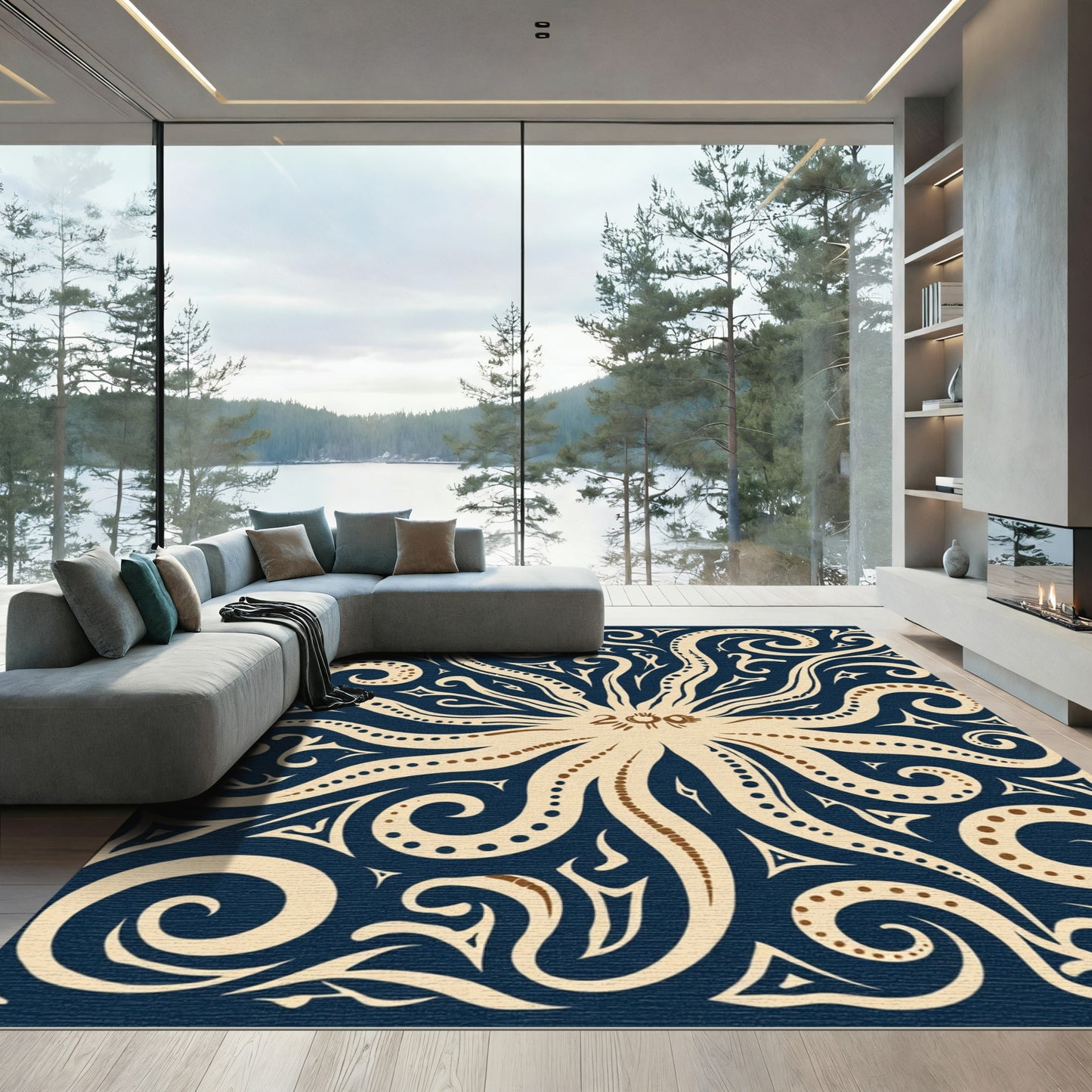 Navy Cream Tentacle Swirl Rug