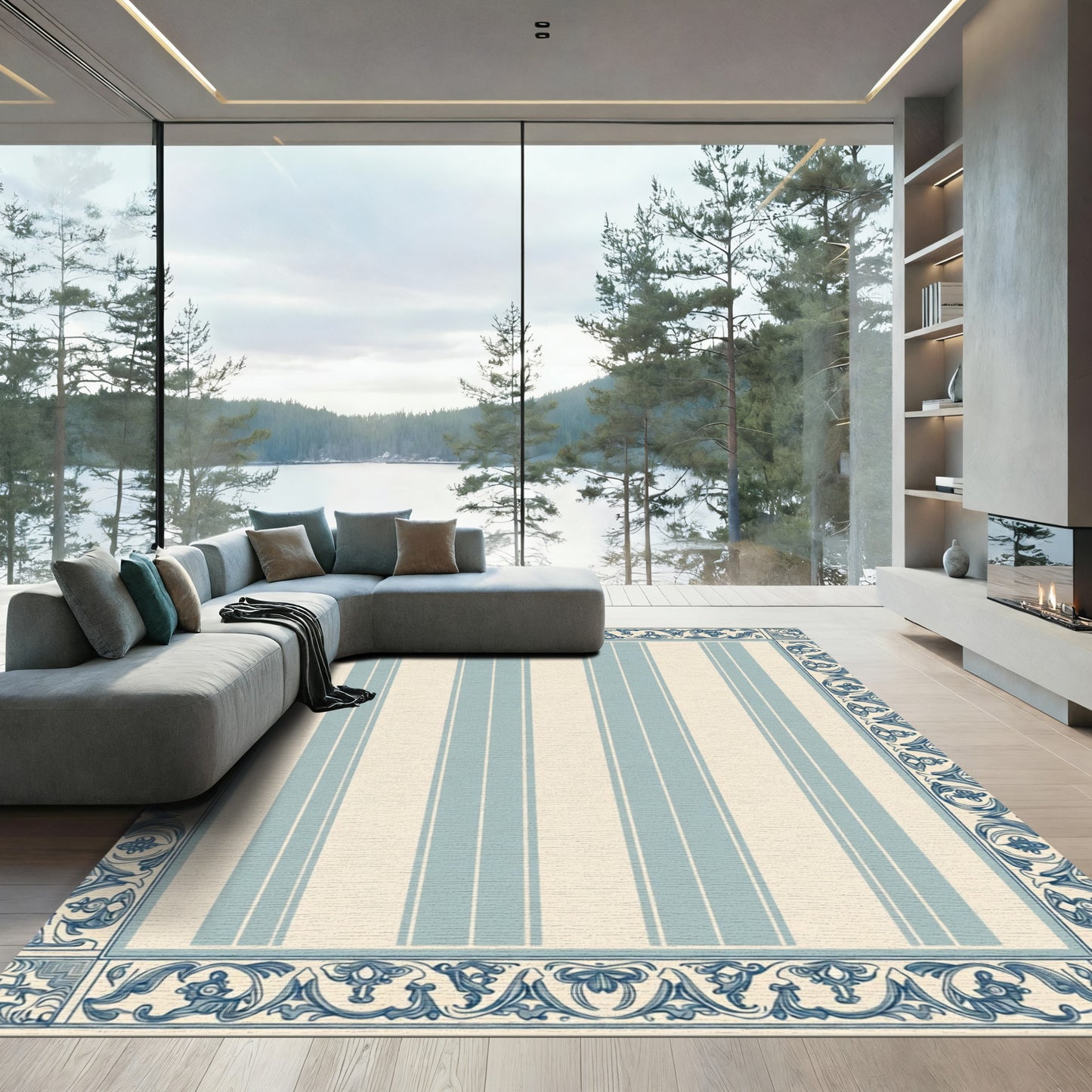 Ornate Blue Cream Vertical Stripe Rug