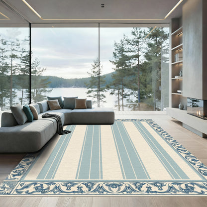 Ornate Blue Cream Vertical Stripe Rug