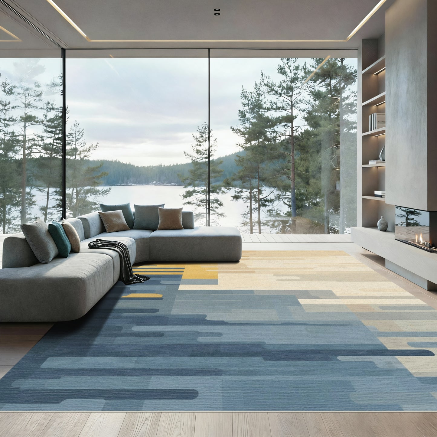 Abstract Gold Blue Geometric Horizon Rug