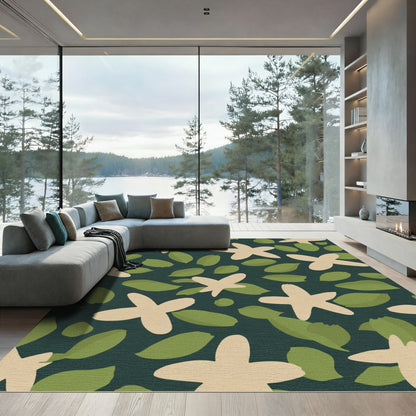 Cream Flower Green Leaf Garden Rug