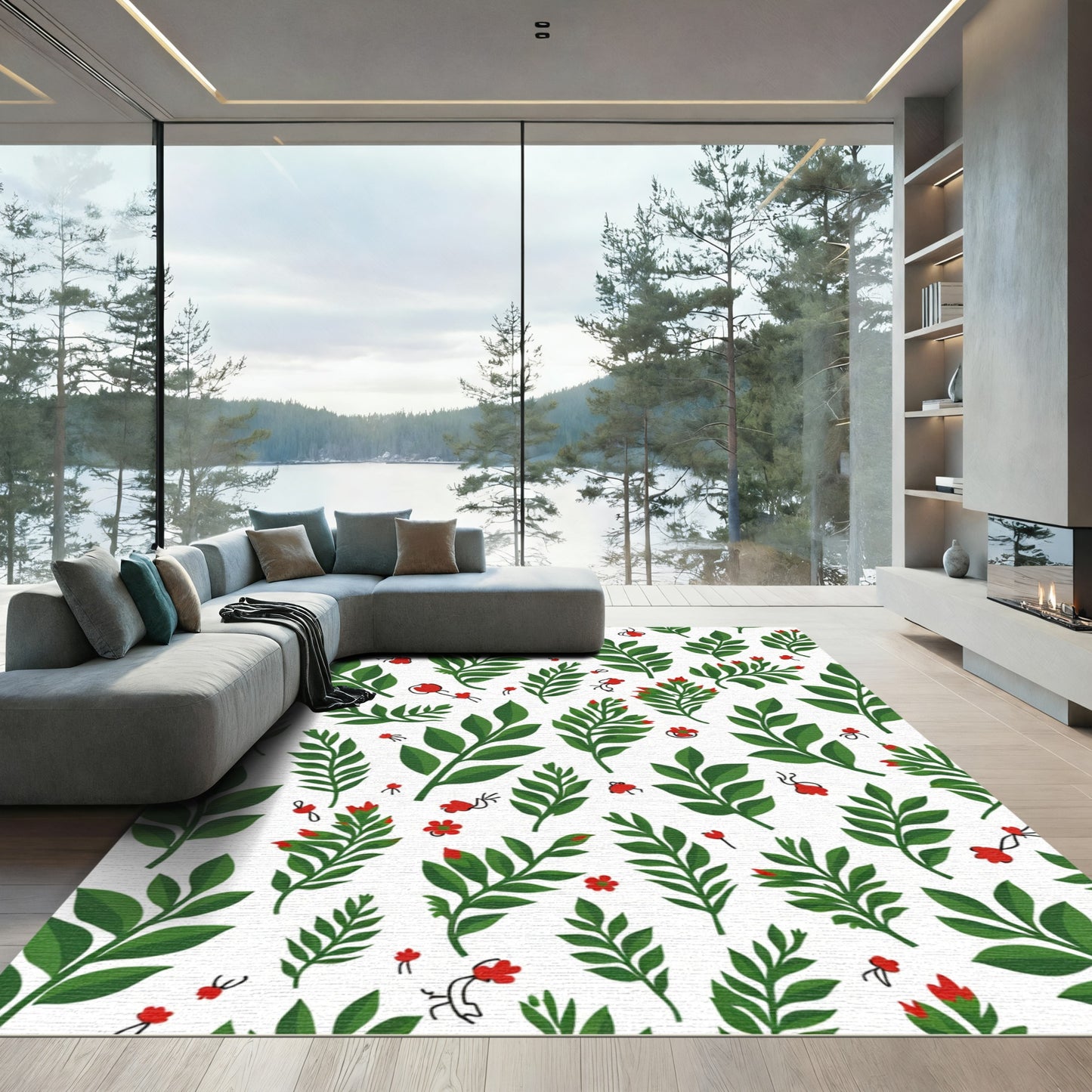 Green Leaf Red Bud Botanical Pattern Rug