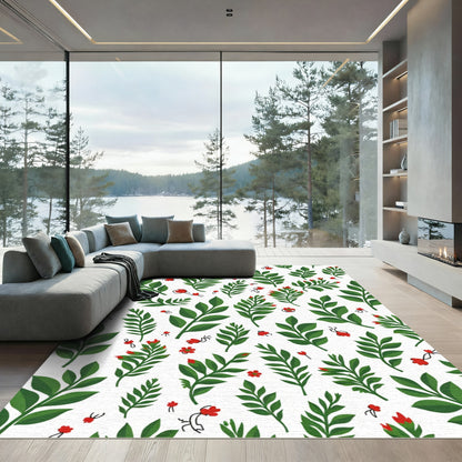 Green Leaf Red Bud Botanical Pattern Rug