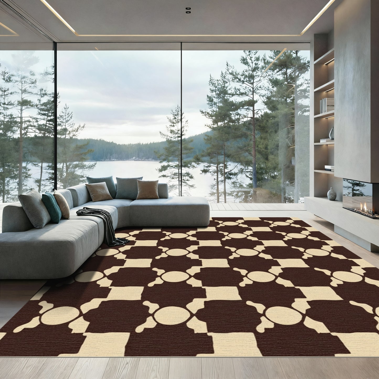 Brown Cream Geometric Interlock Rug