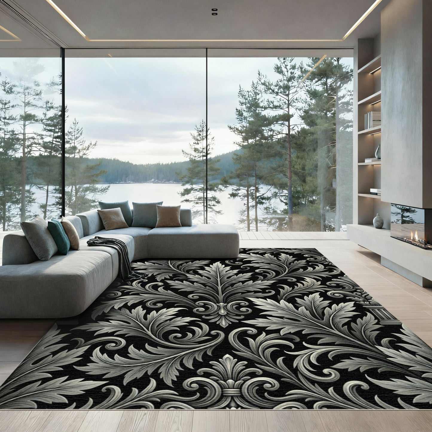 Baroque Acanthus Swirl Black Ivory Rug