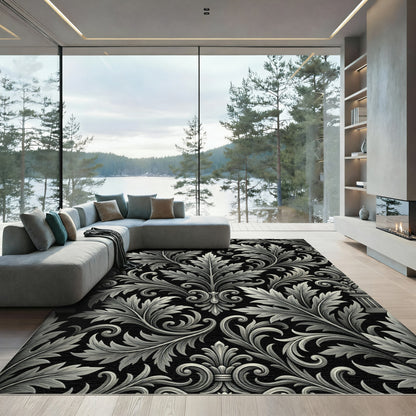 Baroque Acanthus Swirl Black Ivory Rug