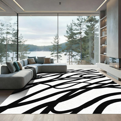 Black White Scribbled Lines Rug
