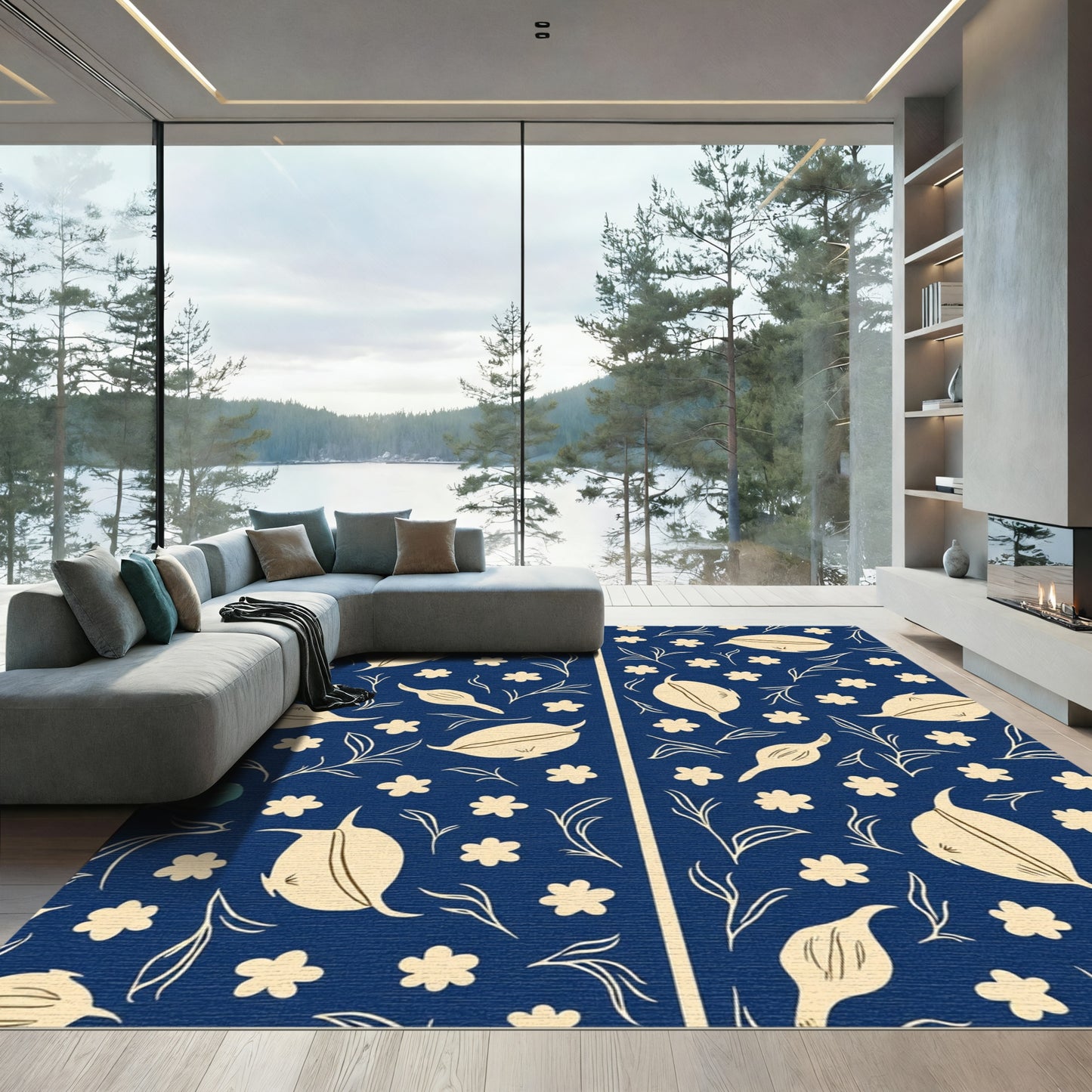 Navy Blue Floral Twig Botanical Rug