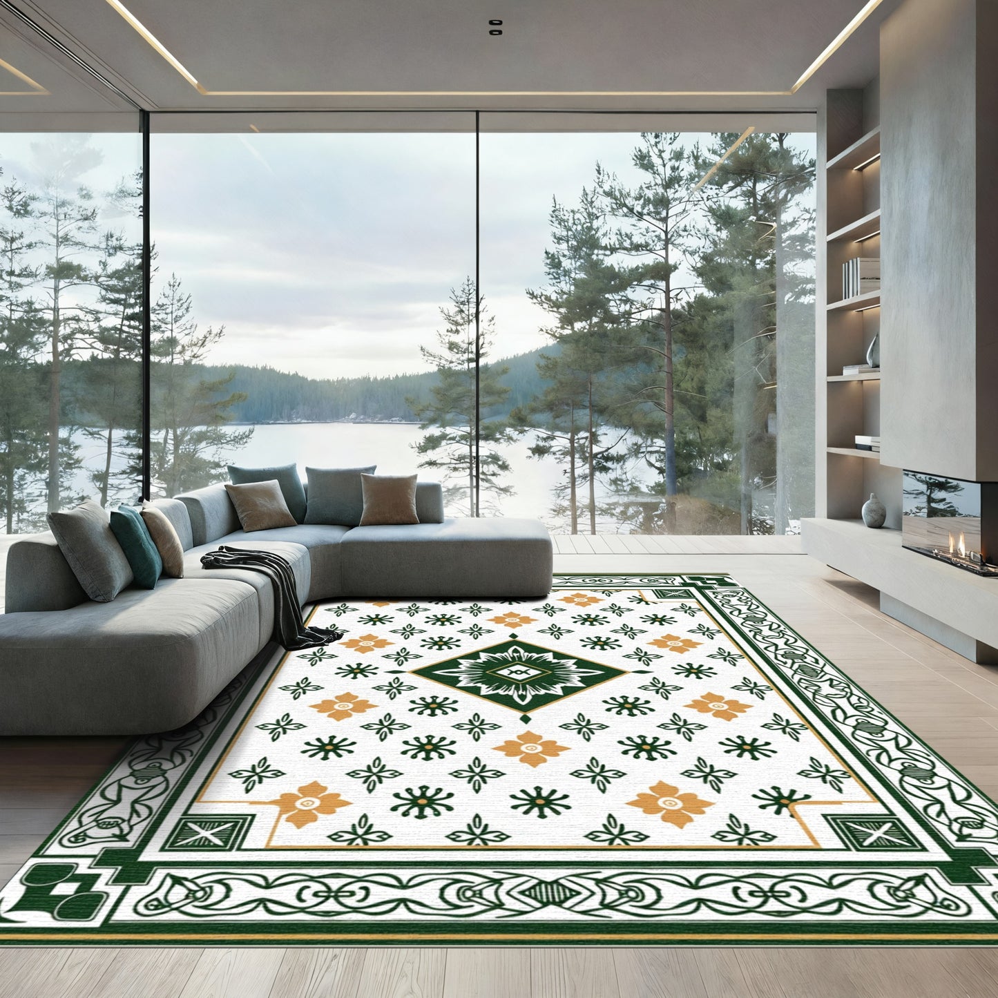 Emerald Gold Floral Diamond Border Rug