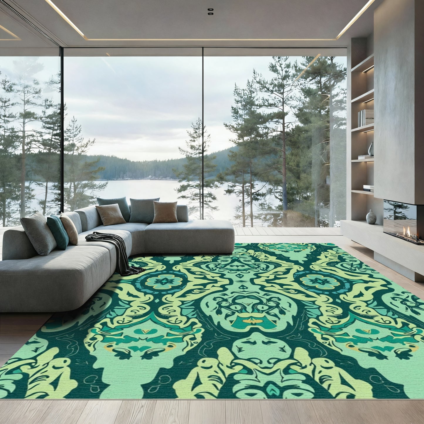 Deep Teal Floral Symmetry Brocade Rug