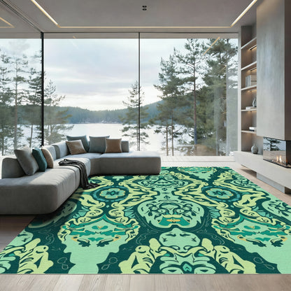 Deep Teal Floral Symmetry Brocade Rug