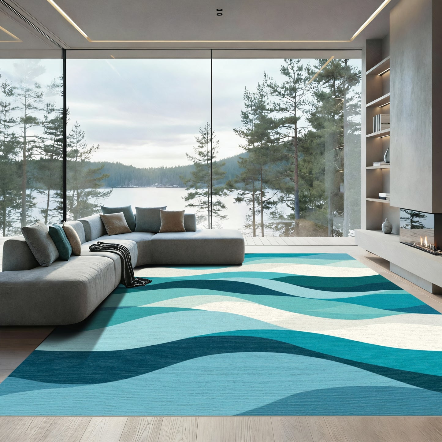 Teal Blue Wave Cascade Rug