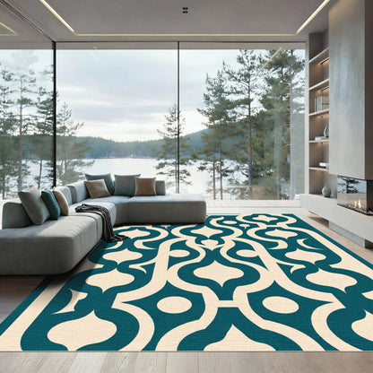 Deep Teal Bone Arabesque Lattice Rug