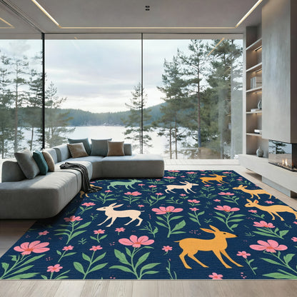 Whimsical Deer Pink Floral Navy Woodland Rug