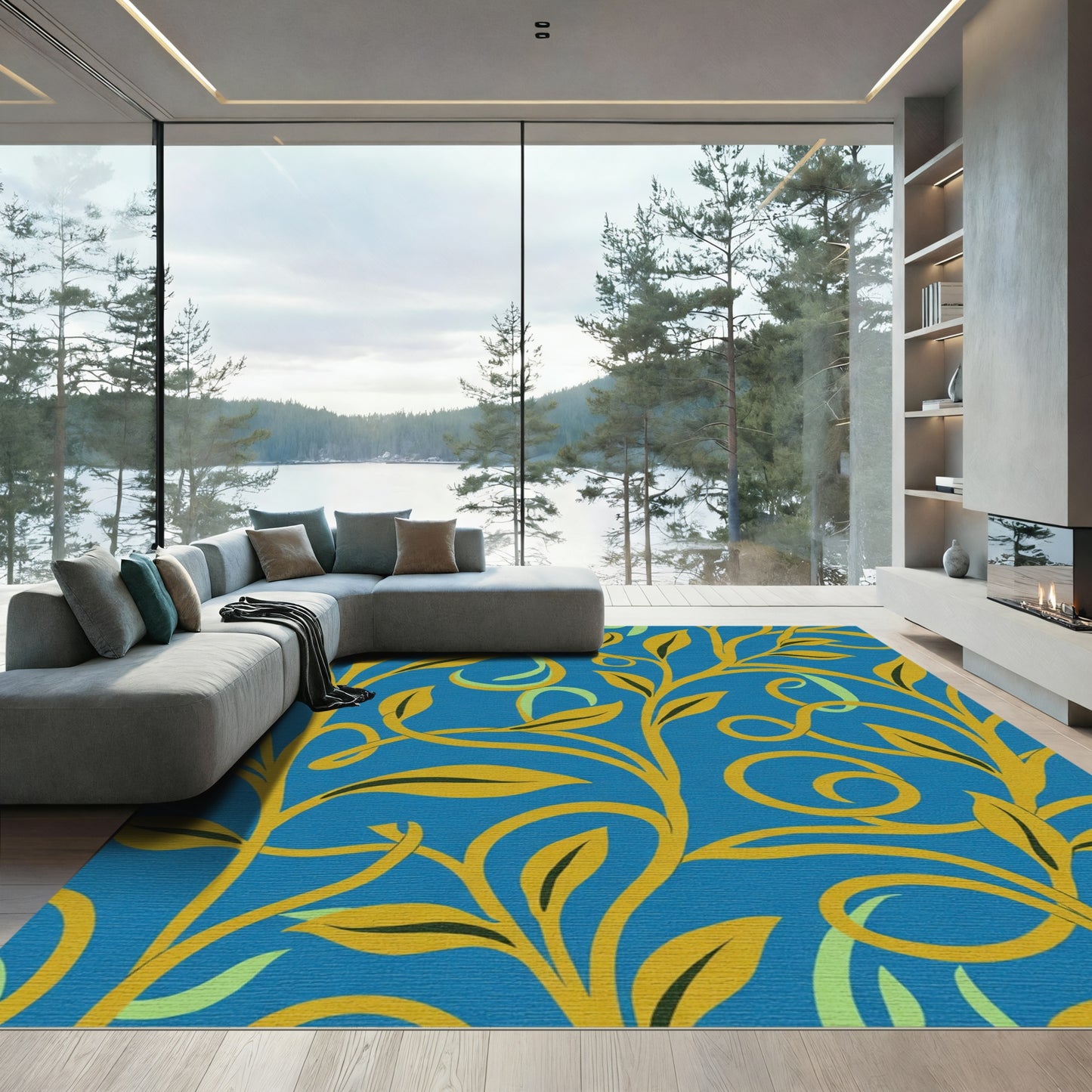 Golden Vine Blue Swirl Botanical Rug