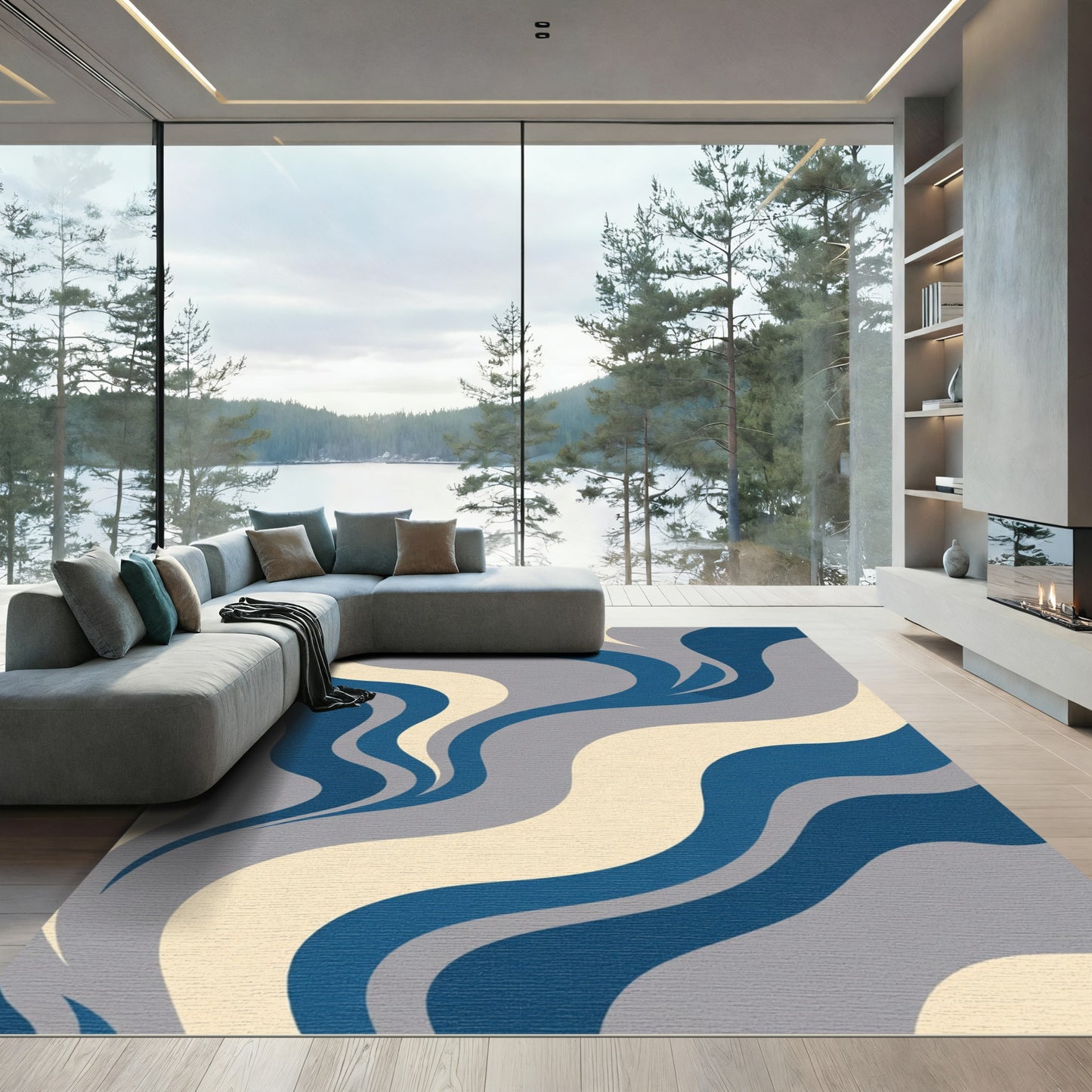 Deep Blue Cream Gray Waves Rug