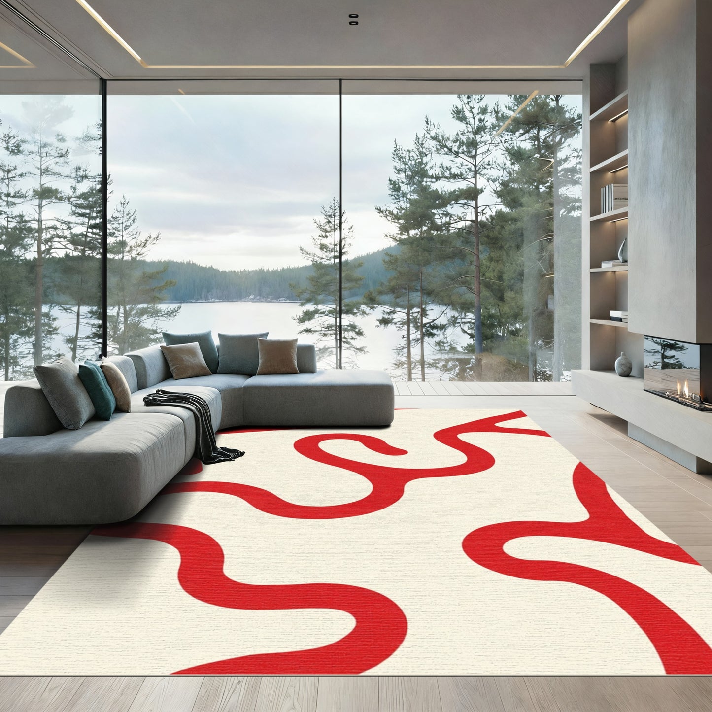 Bold Red Wavy Labyrinth Rug