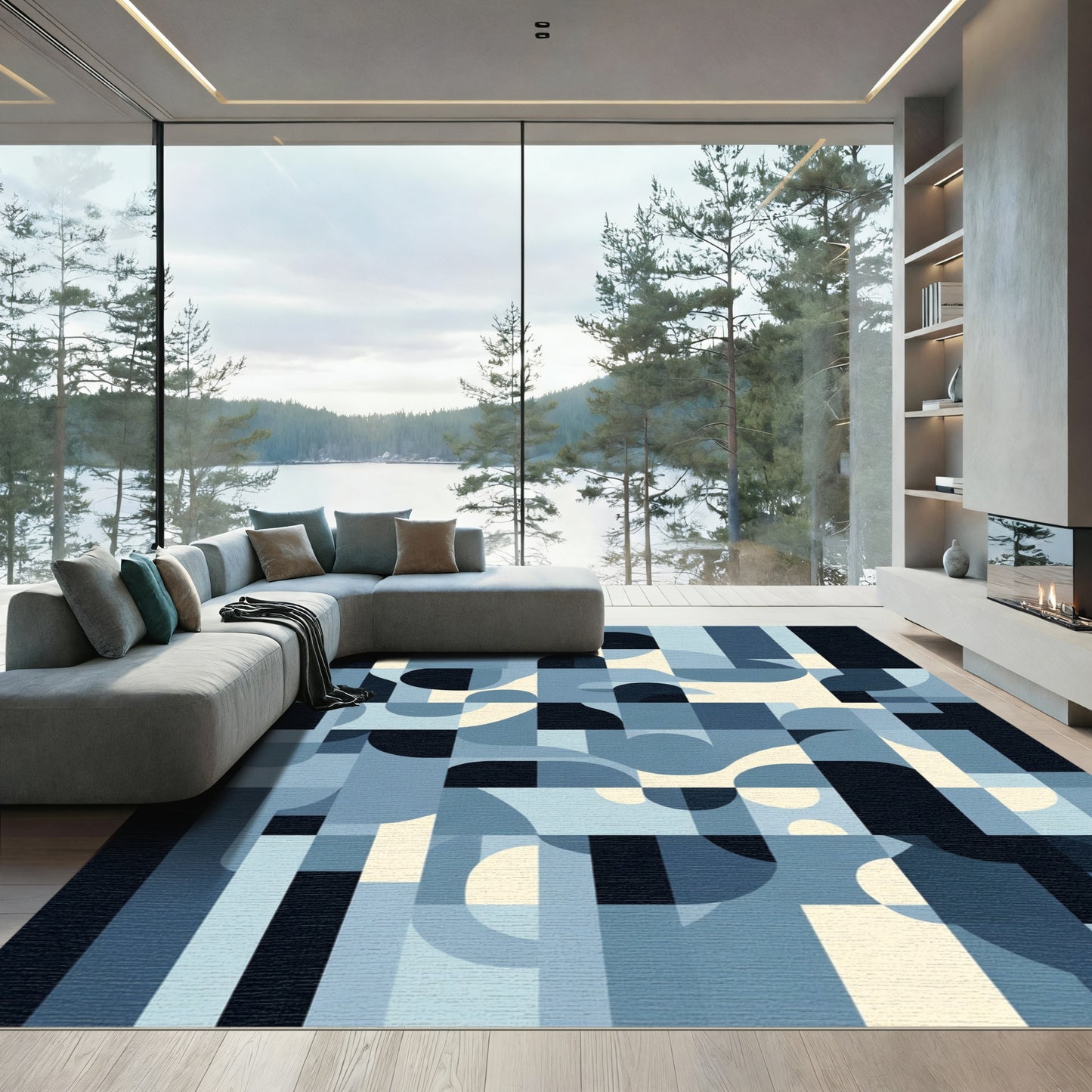 Retro Blue Geometric Abstract Shapes Rug