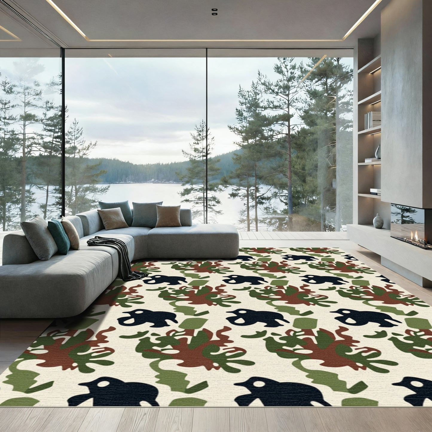 Brown Green Black Silhouette Animal Camo Rug