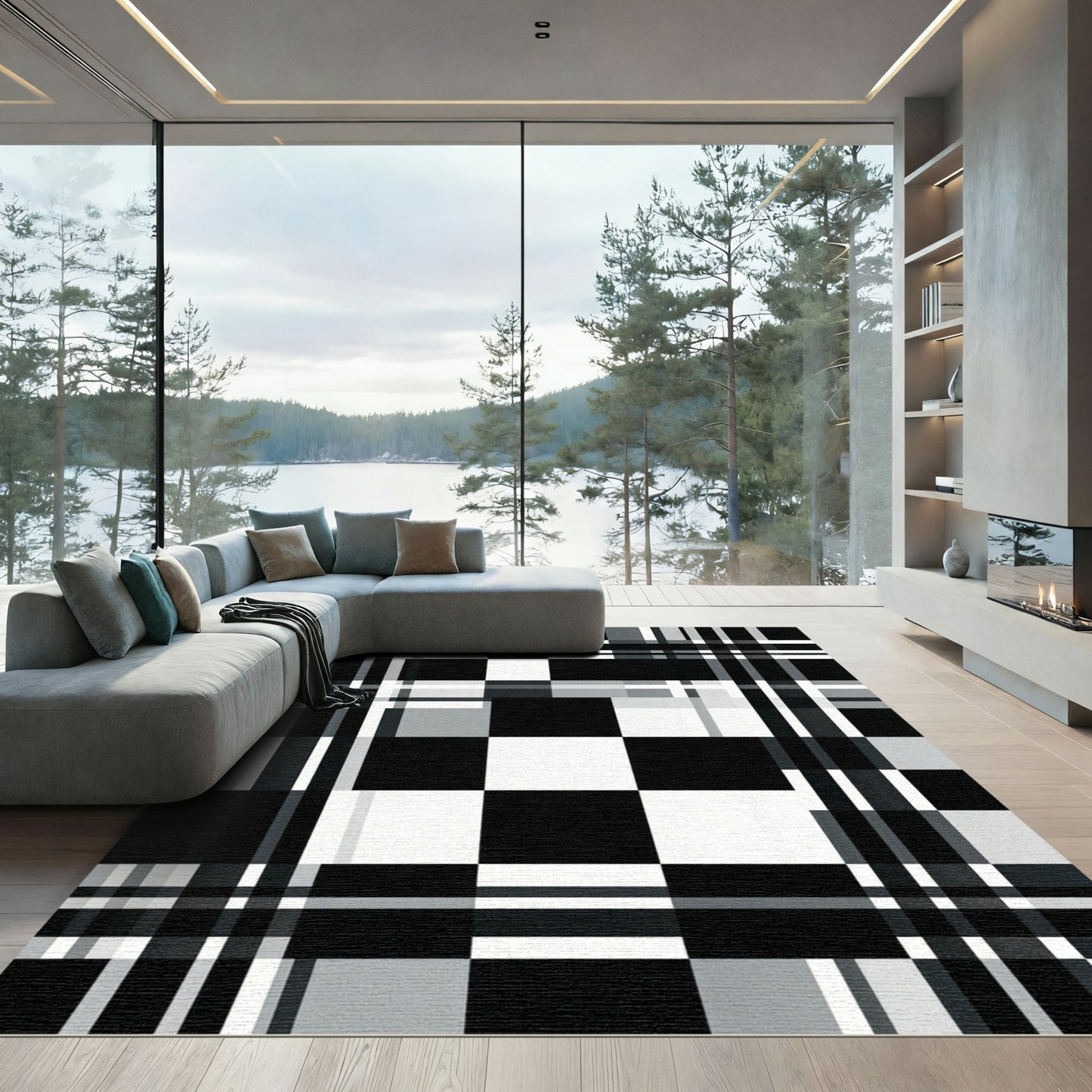 Monochromatic Black White Plaid Squares Rug