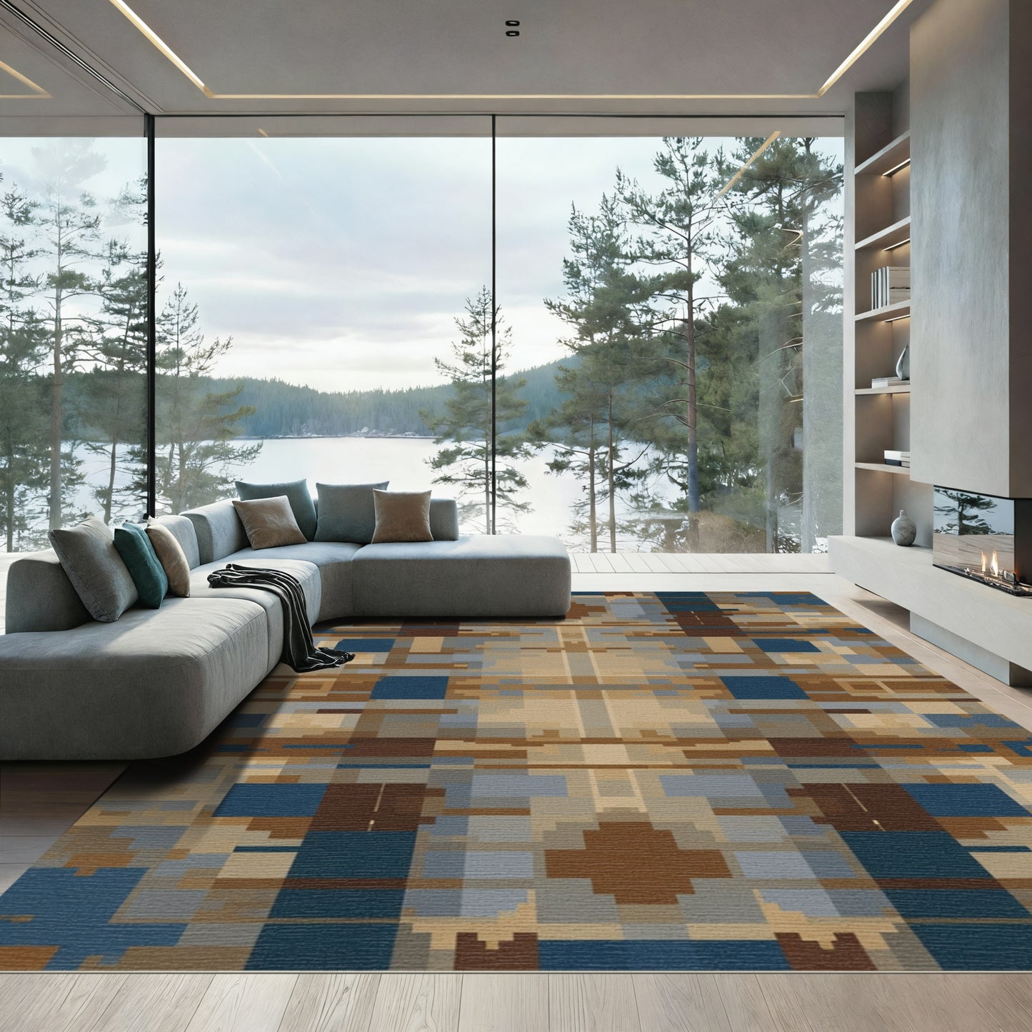 Earthy Khaki Geometric Horizon Lines Rug