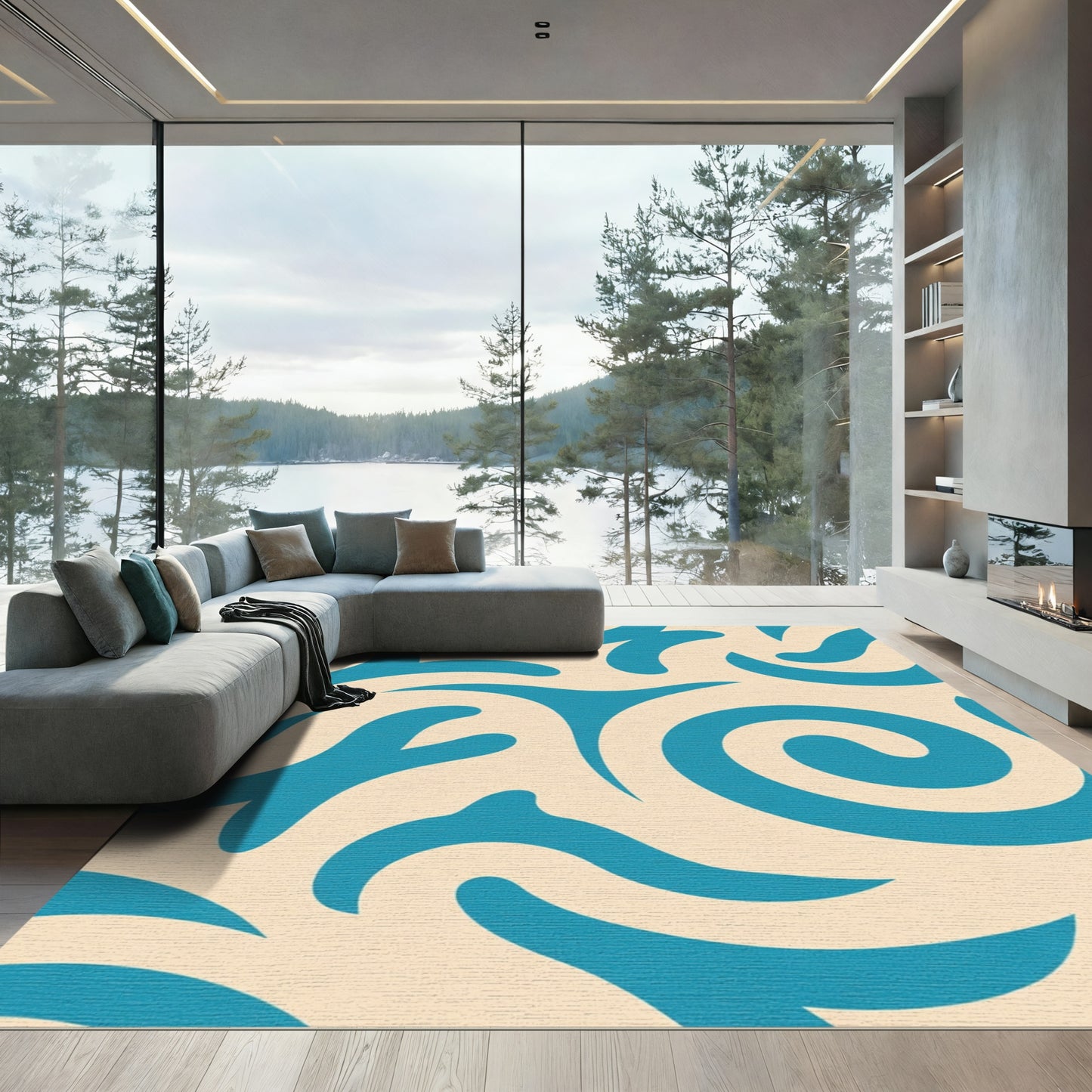 Oceanic Swirl Cream Teal Rug Turquoise Abstract Wave Rug