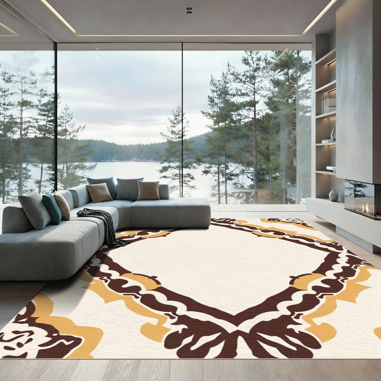 Brown Ochre Cream Symmetrical Frame Rug