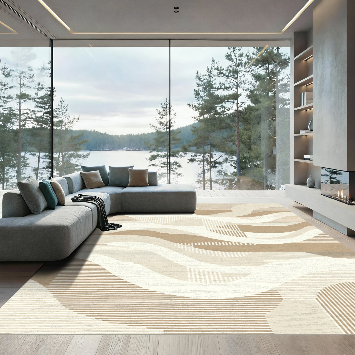 Beige Abstract Wave Stripes Rug
