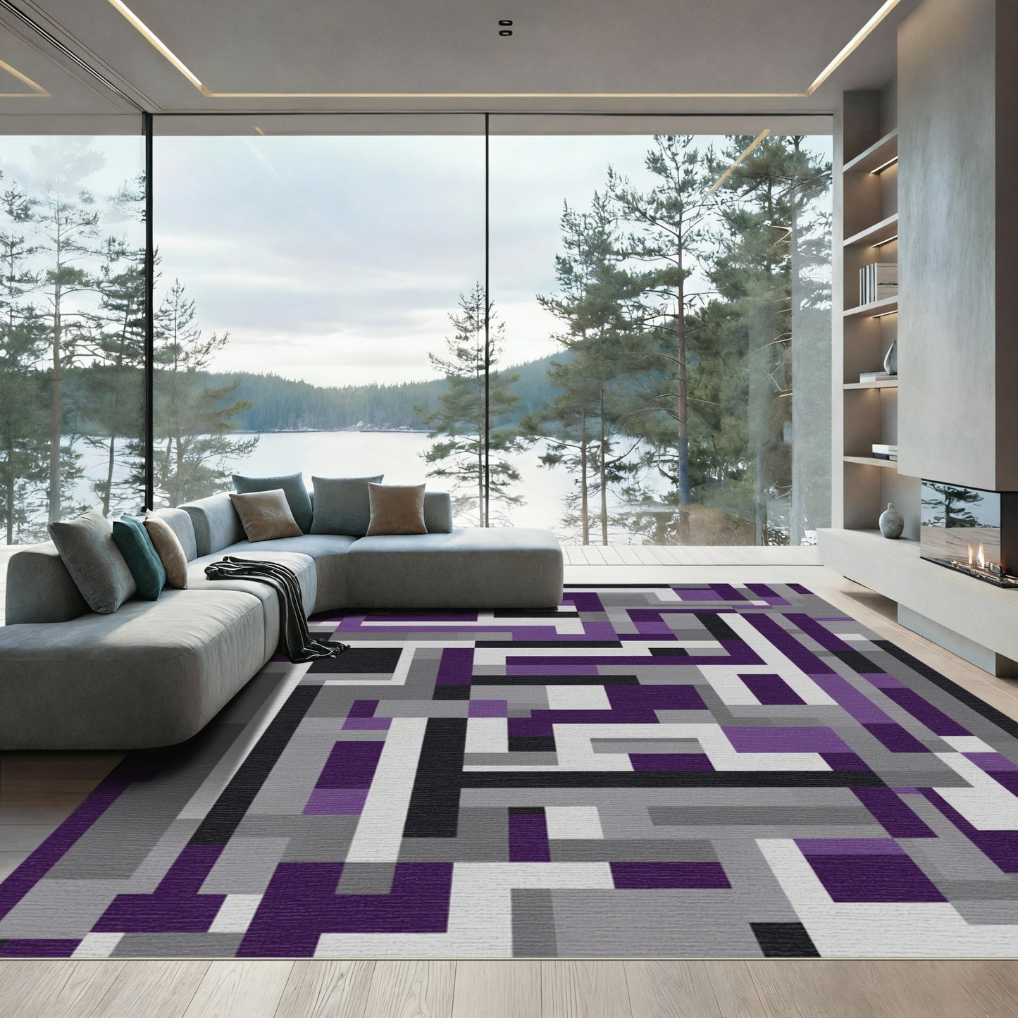 Modern Purple Gray Geometric Maze Rug