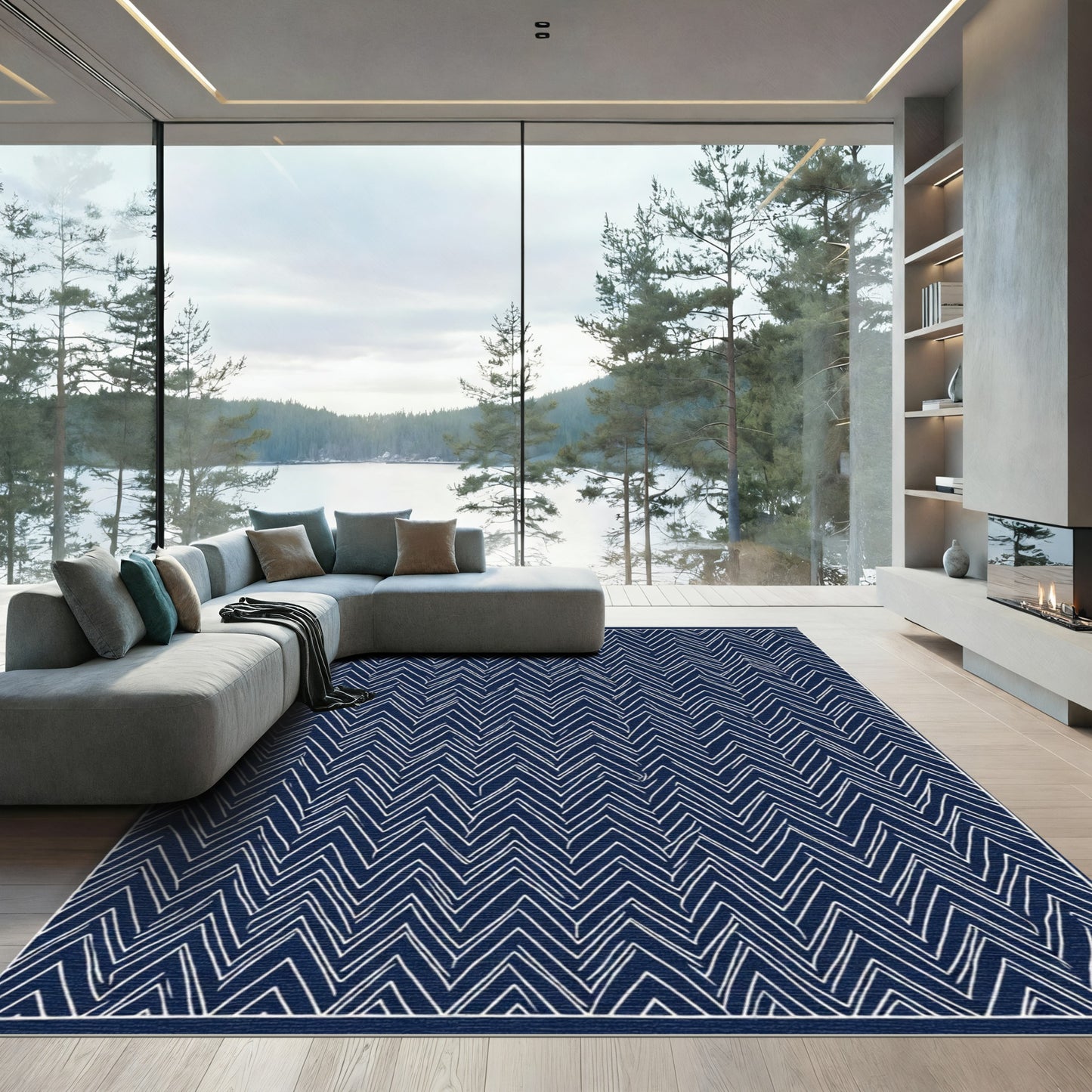 Navy White Zigzag Geometric Lines Rug