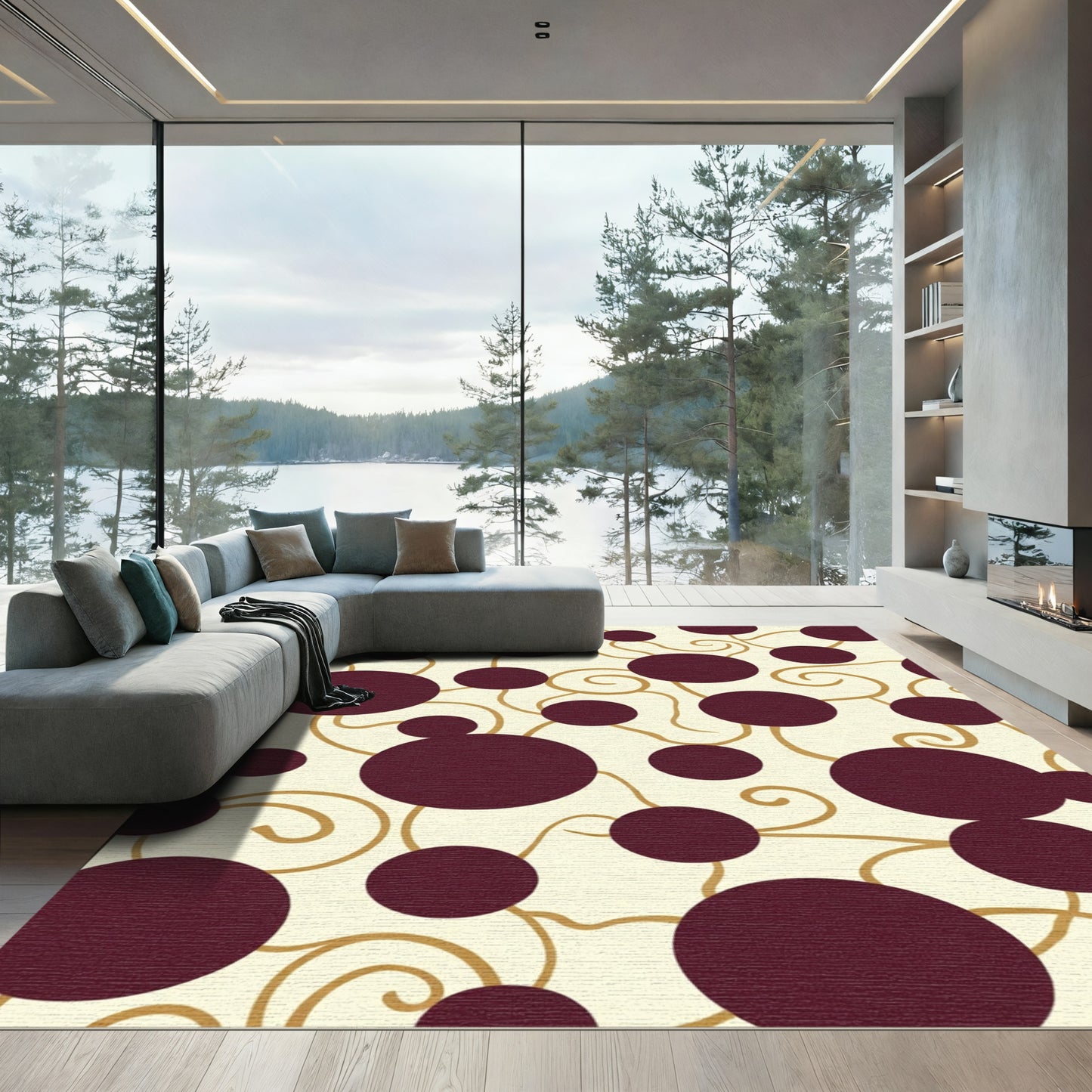 Deep Burgundy Circles Gold Swirls Rug