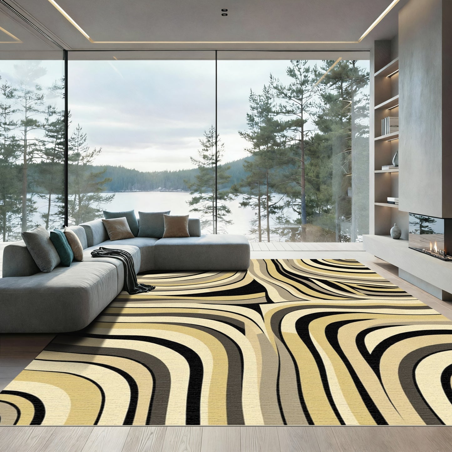 Serene Beige Black Wavy Bands Rug