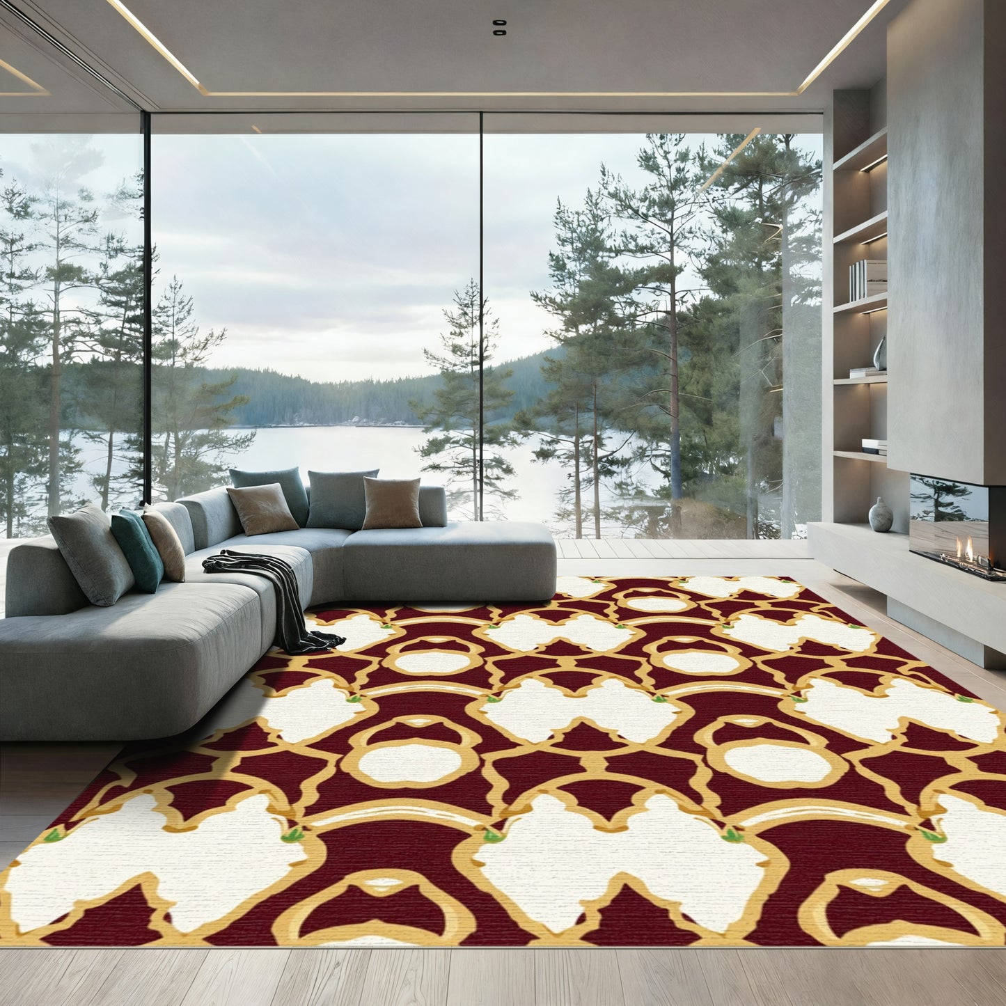 Burgundy gold intricate quatrefoil Rug