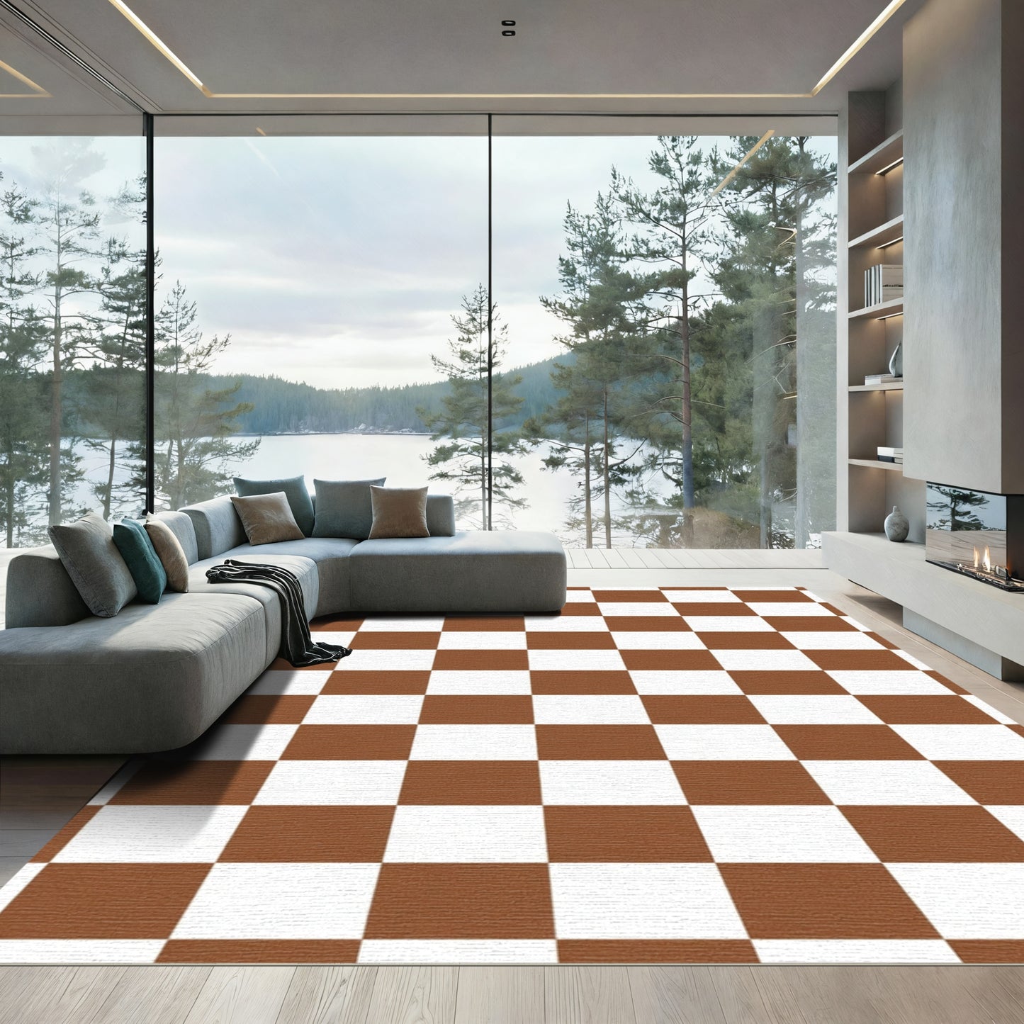 Brown White Classic Checkered Squares Rug