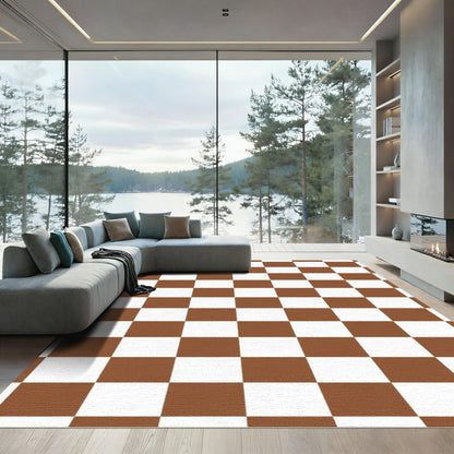 Brown White Classic Checkered Squares Rug