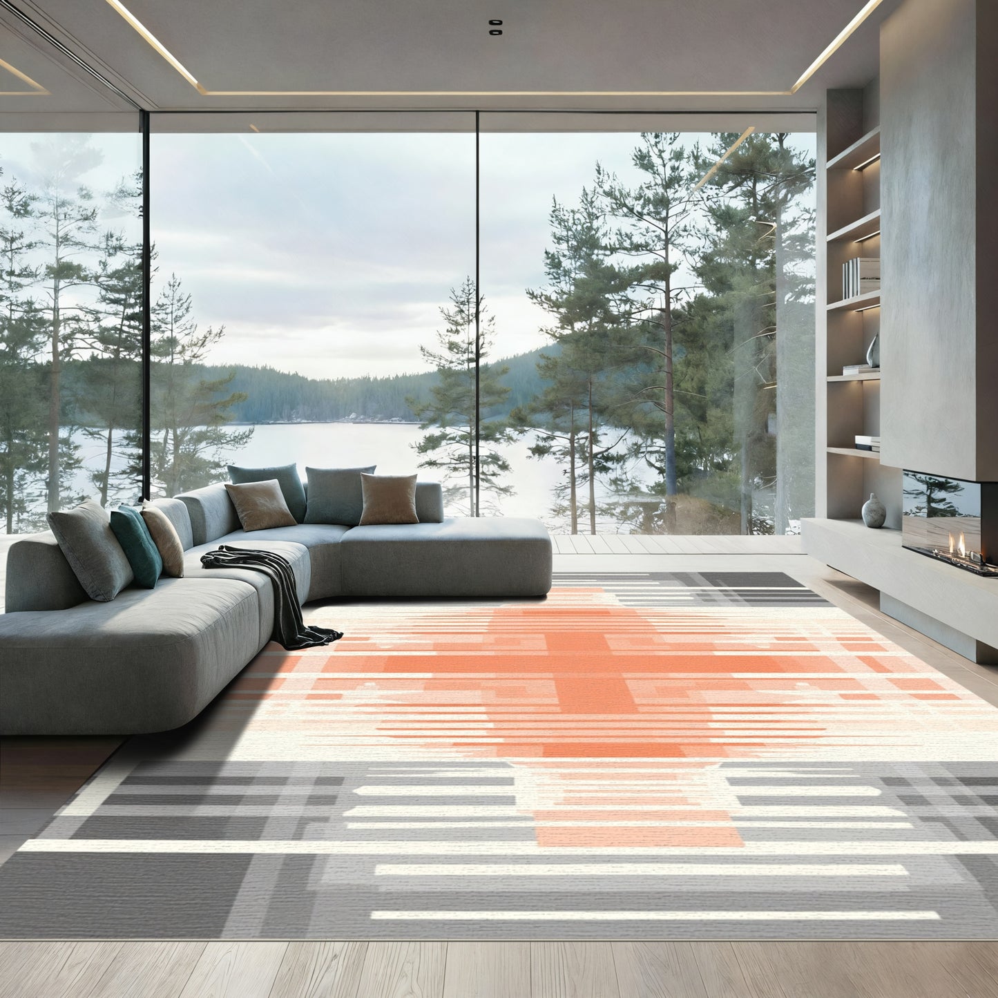 Orange Gray Abstract Geometric Stripes Rug