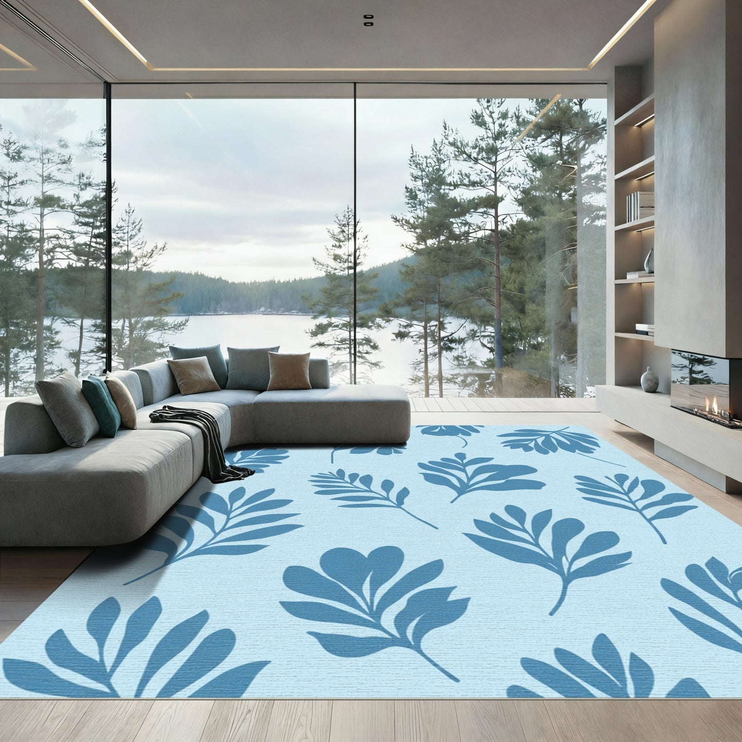 Blue Silhouetted Leaves On Light Blue Rug