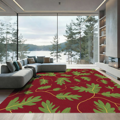 Deep Red Green Oak Leaf Vines Rug