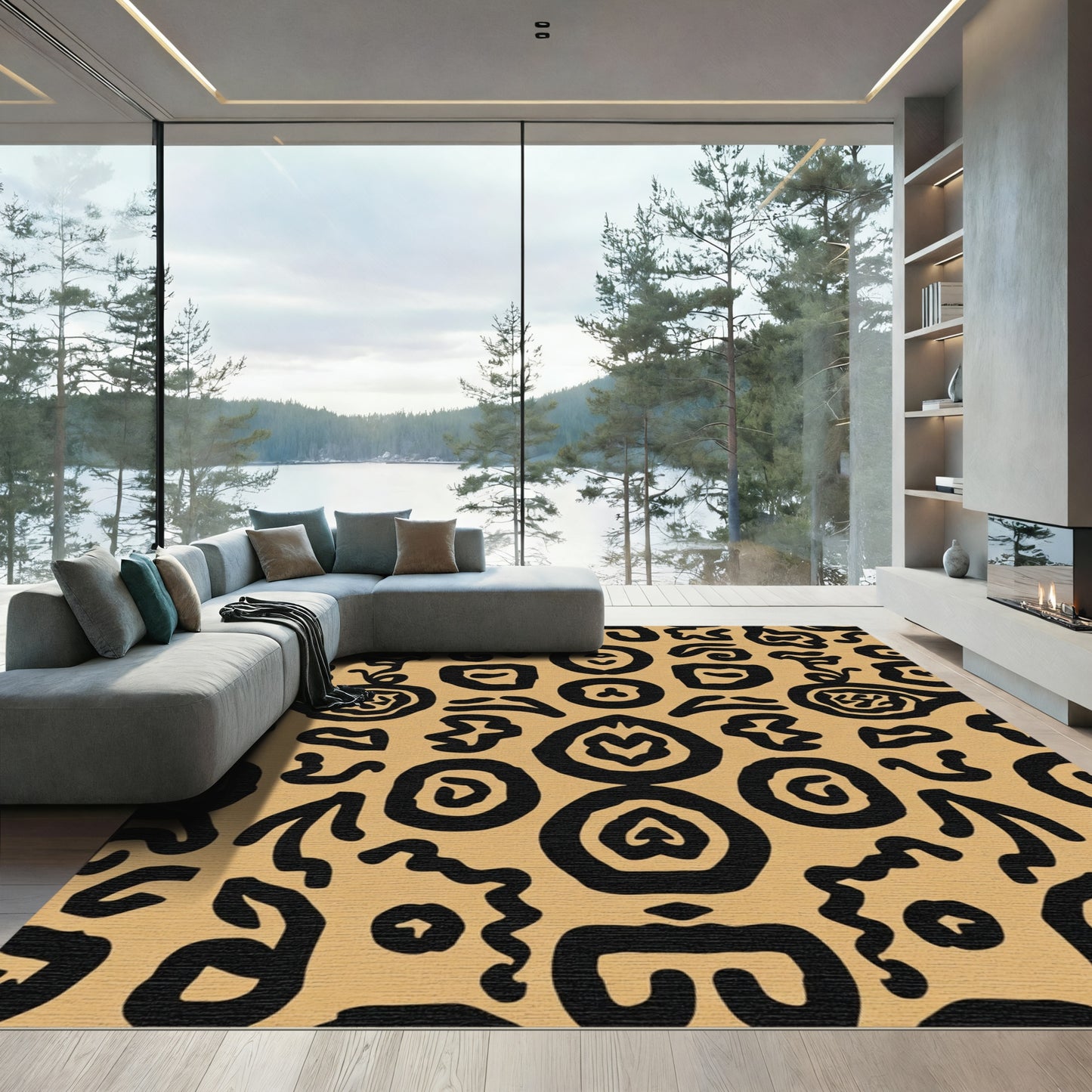 Bold Black Tribal Earth Swirl Rug