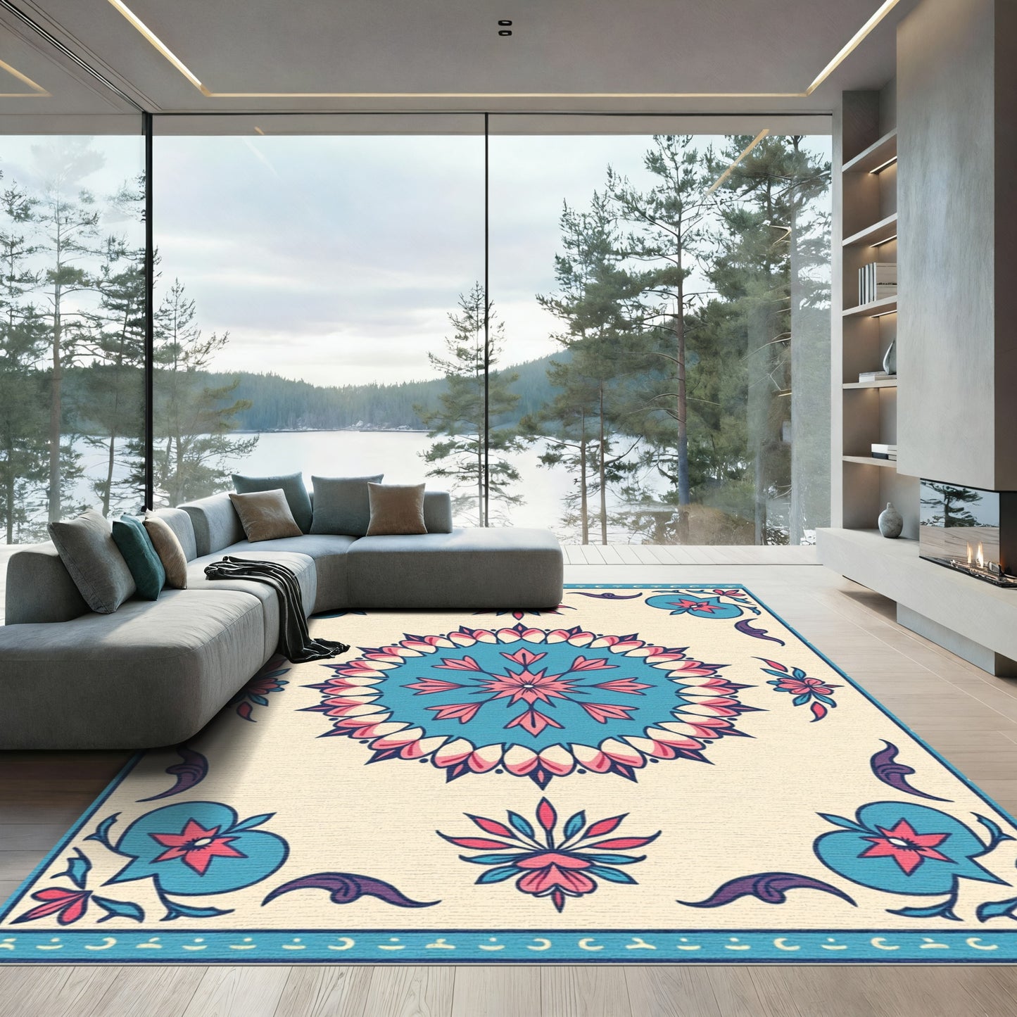 Teal Pink Floral Medallion Harmony Rug