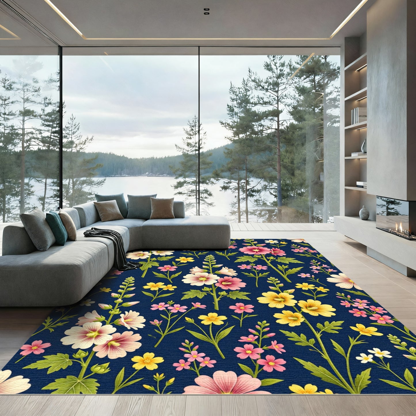Pink Yellow Hollyhock Floral Arrangement Rug