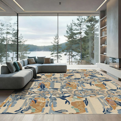 Abstract Tan Blue Floral Swirl Rug