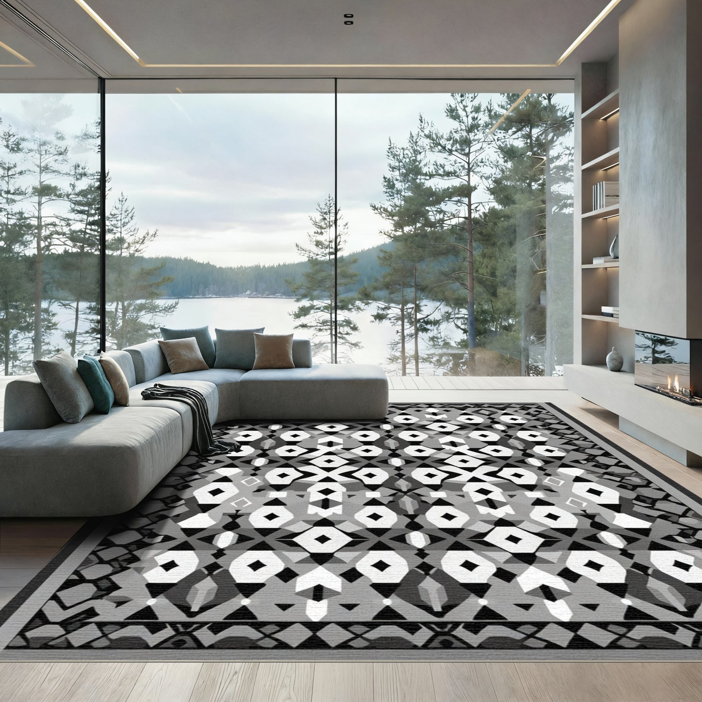 Monochromatic Geometric Diamond Overlay Rug