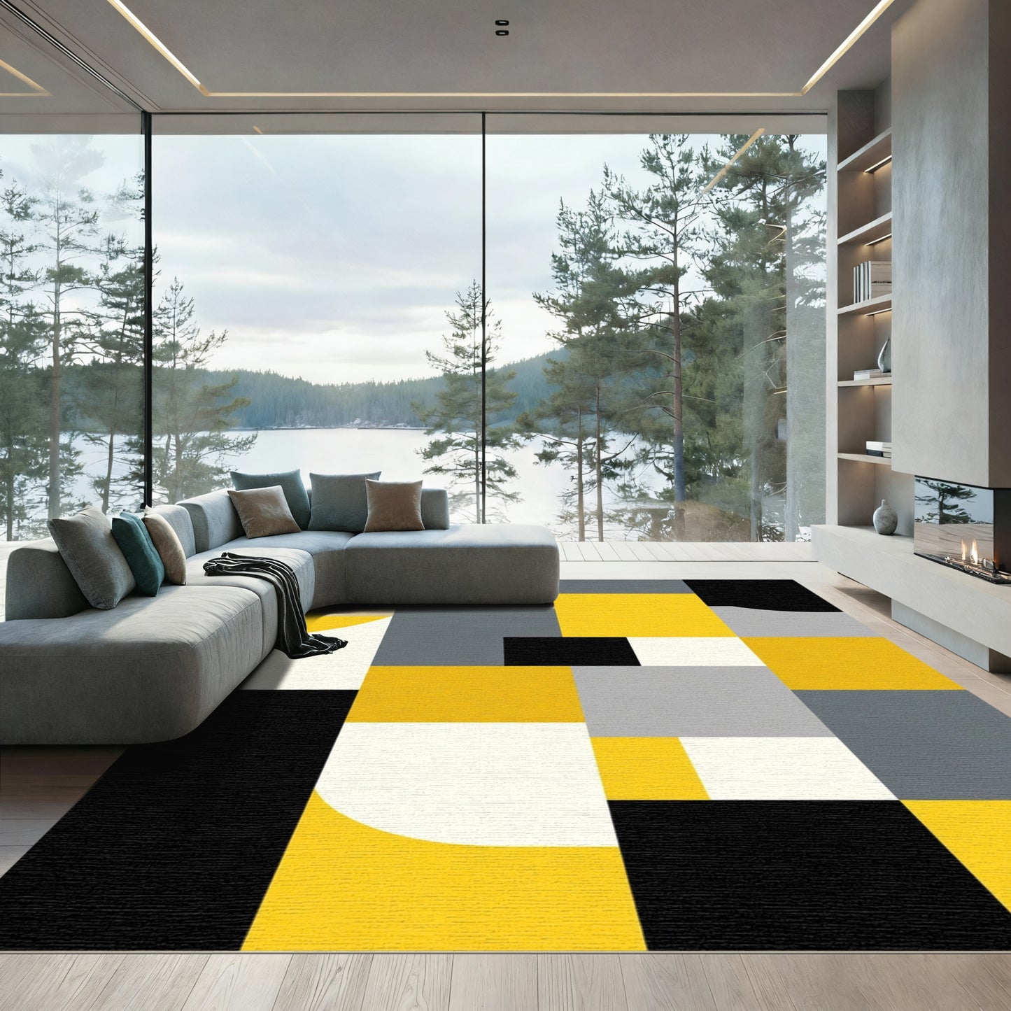 Abstract Yellow Gray Geometric Blocks Rug