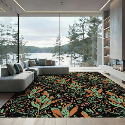 Vibrant Earthy Leaves Black Background Rug