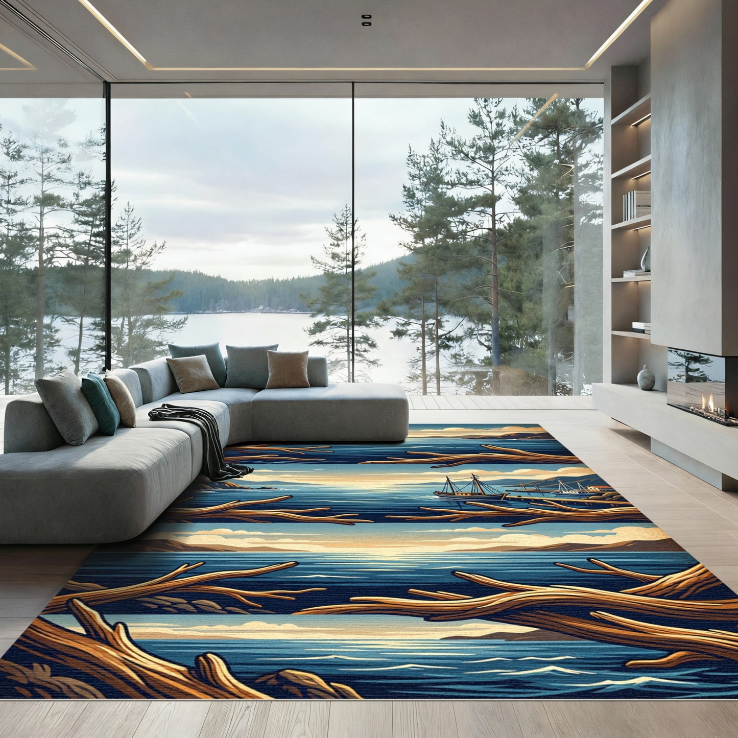 Coastal Scene With Natural Wood Branches Rug