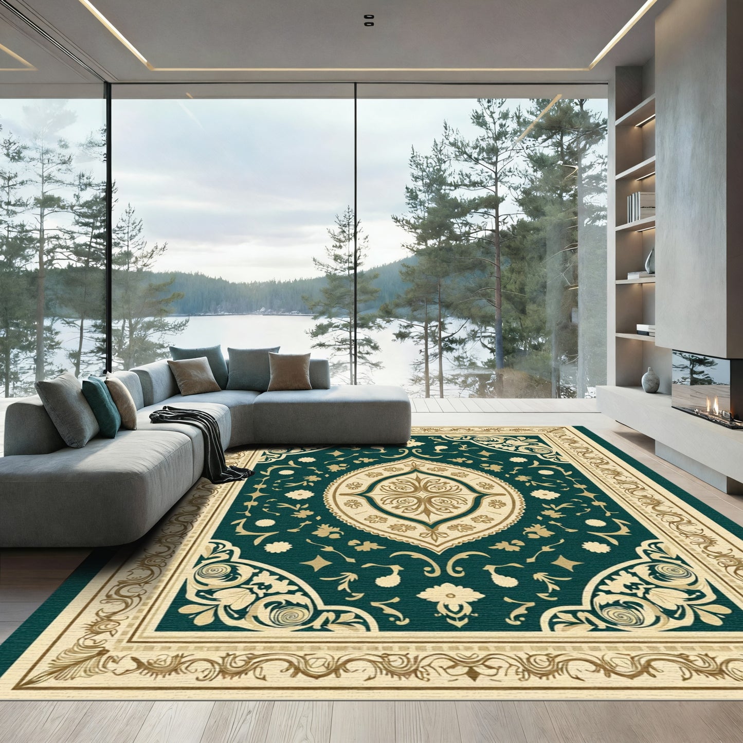 Emerald Gold Floral Ornate Medallion Rug