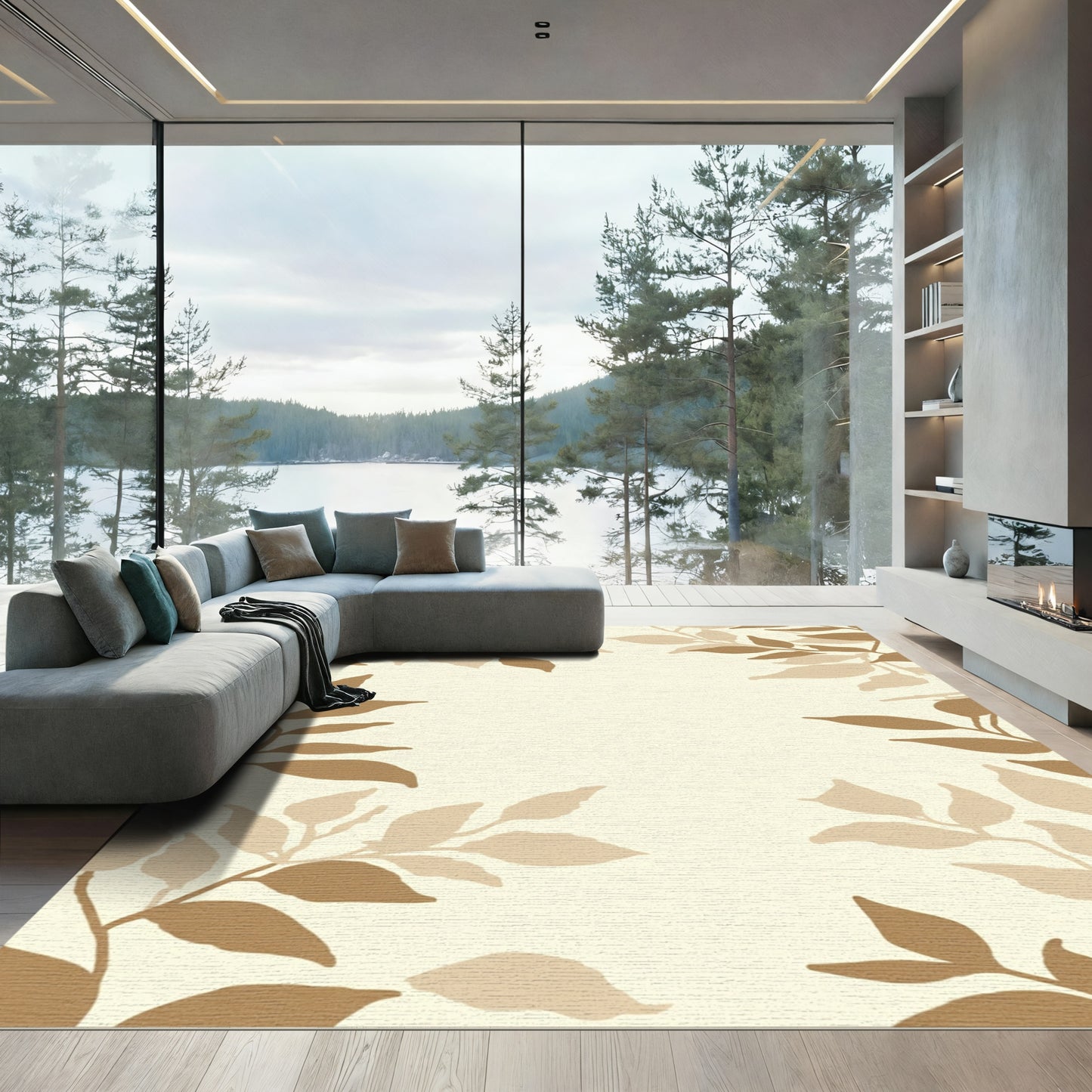 Brown Leafy Branches Cream Border Rug